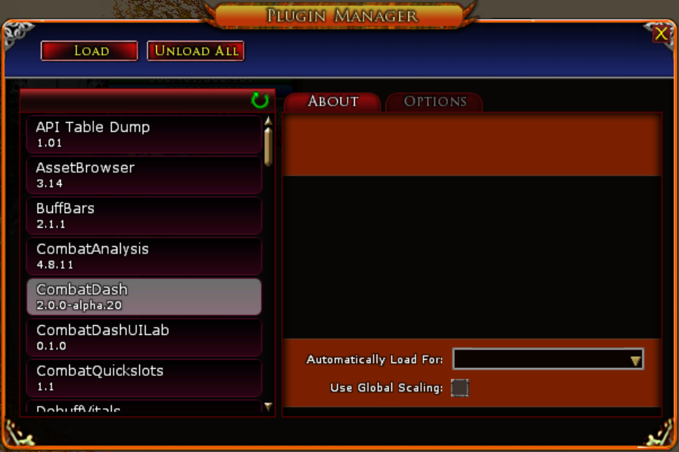 Select CombatDash in the Plugin Manager. LOAD is at the top; automatic loading is configured below. The displayed version belongs to the capture date. English client, captured on 20 October 2026.