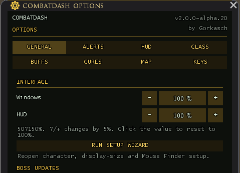 Under OPTIONS → GENERAL, adjust windows and HUD separately. RUN SETUP WIZARD opens the setup sequence again. English client, captured on 20 October 2026.